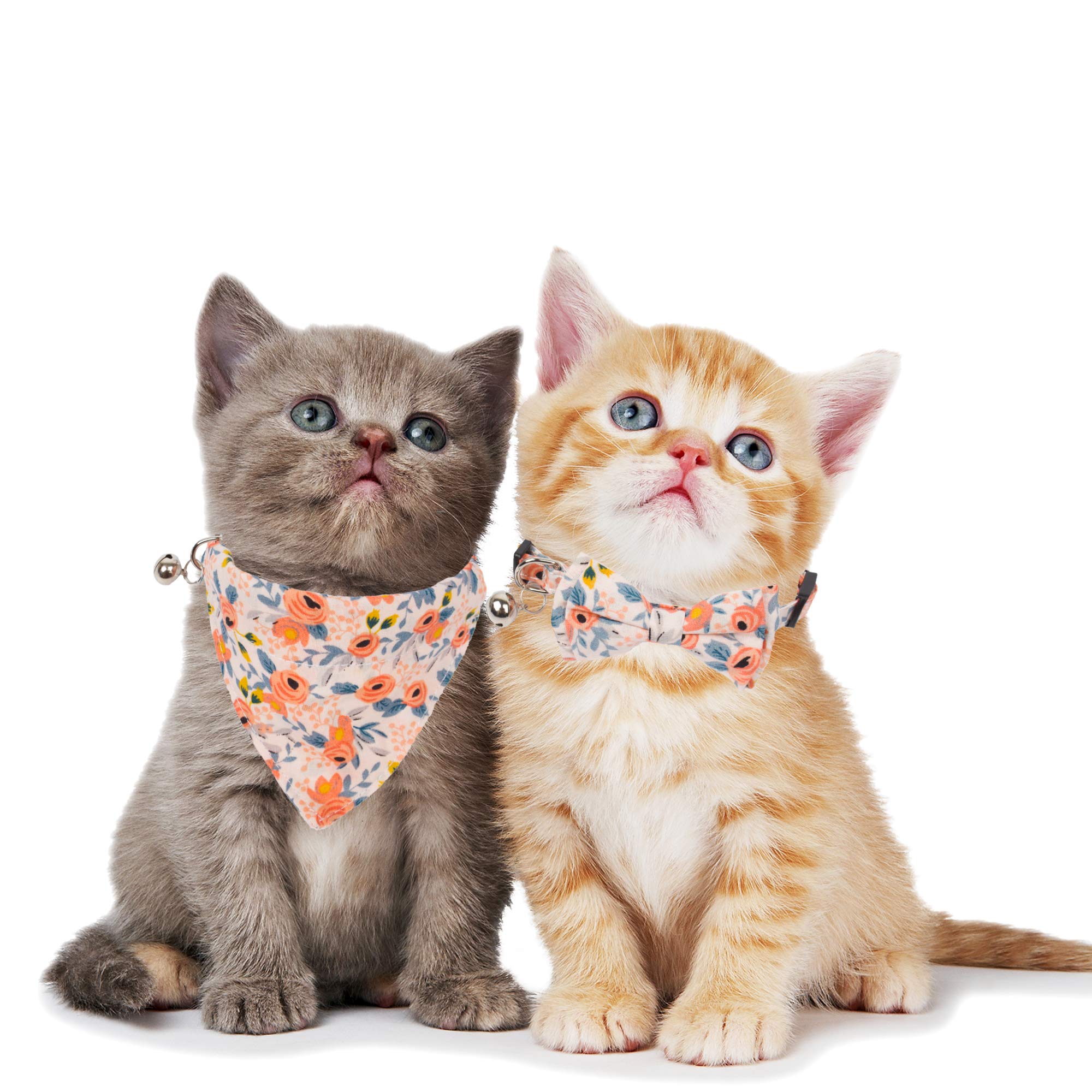 ADOGGYGO Floral Cat Bandana Collar, Pink Girl Cat Collar with Bowtie Bell
