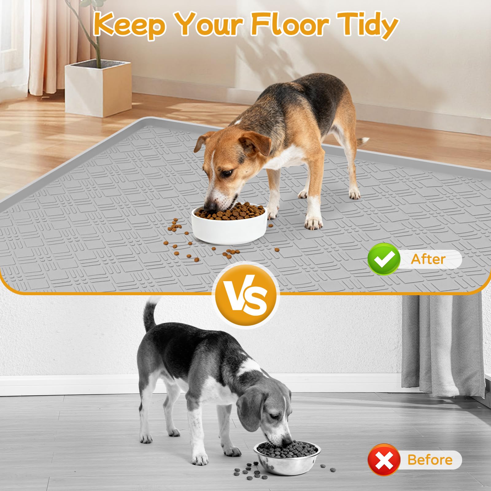 Lanstics Dog Food Mat 42" x29" Silicone Mat with Raised Edge Light Gray