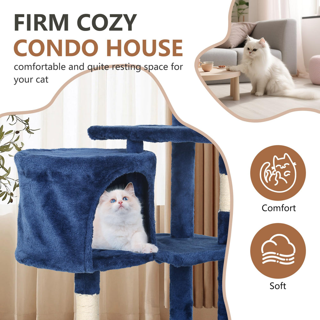 FDW | 36" Cat Tree Tower | Navy Blue | Multi-Level Indoor Activity Center with Sisal Scratching Posts, Condos, Plush Perches, Hanging Cat Toys | Sturdy, Easy to Assemble | for Kittens & Adult Cats
