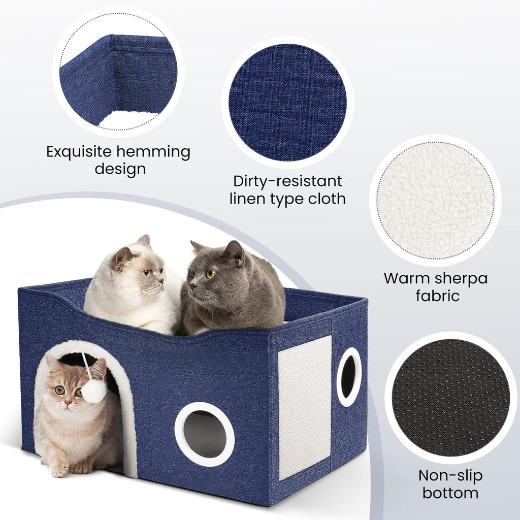 Heeyoo Cat House for Indoor Cats - Large Cat Bed Cave with Fluffy Ball and Scratch Pad, Foldable Cats Houses & Condos, Cat Hideaway, Covered Kitty Bed for Multi Small Large Kitty, 23.8x15.9x13.2 Inch