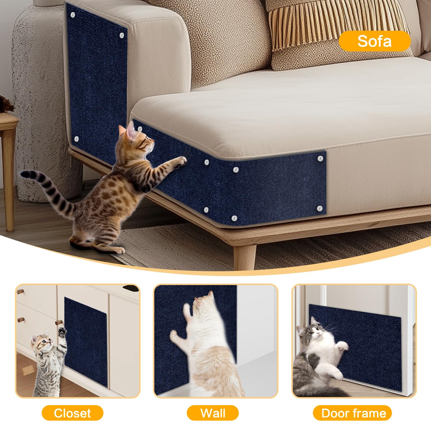 Cat Scratch Mat,118.5"x17.4" Trimmable Self-Adhesive Cat Scratch Furniture Protector, Sticky Cat Scratcher Wall Mat, Covering Cats Tower, Couch Protector from Cats Claws (Dark Blue)