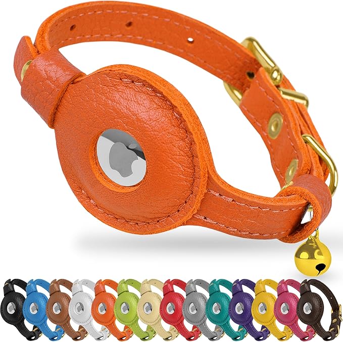OOPSDOGGY Leather AirTag Cat Collar with Bell - Non Breakaway Kitten Collar with Apple Air Tag Holder - Lightweight GPS Pet Collars for Girl Boy Cats, Small Dogs