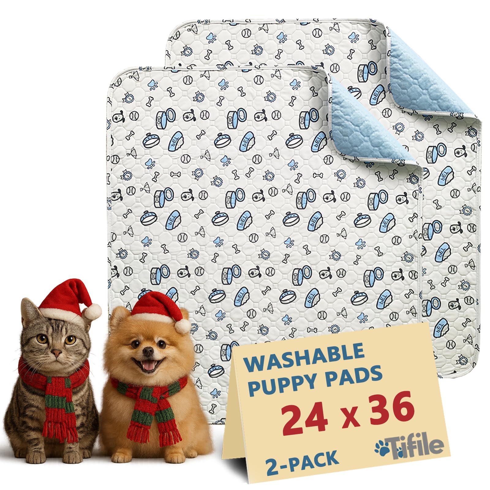 24x36in Washable Pee Pads for Dogs, 2 Pack Reusable Puppy Pads, Absorbent Whelping Pads with Bone Print, Non-Slip Waterproof Pet Training Pads for Couch, Crate, Potty Training - 24x36in