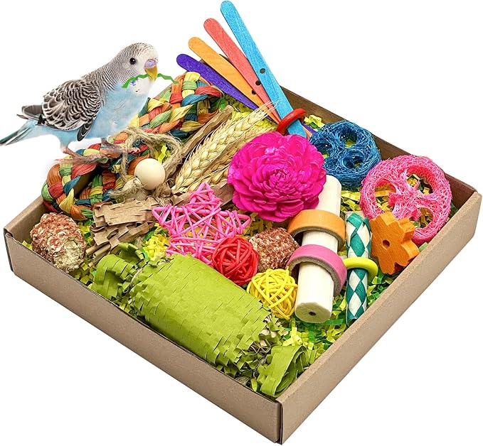 LOPERDEVE Natural Bird Toy Foraging Parrot Shredding Toys Box Conure Chewing Toys for Cockatiel Lovebird Parakeet Budgie Small-Medium Birds (Colorful)