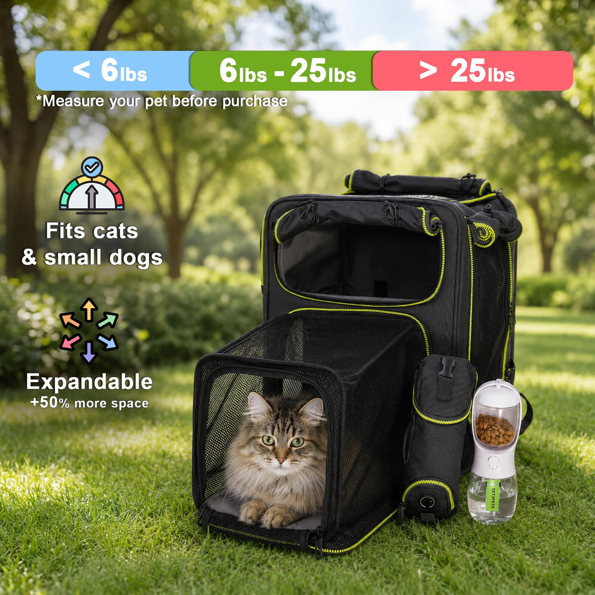 Set4Pets Expandable Cat Carrier Backpack for Cats & Small Dogs, Gray/Green