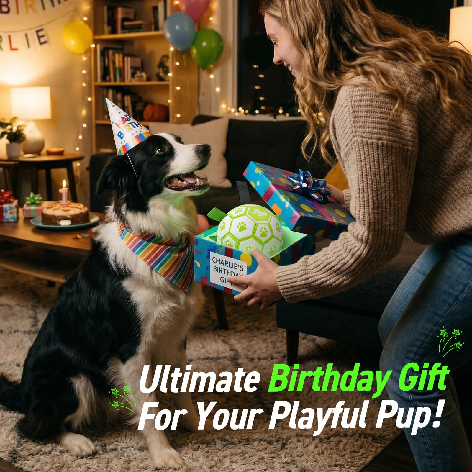 QDAN Glow in The Dark Dog Toys Soccer Ball with Straps, Outdoor Interactive Dog Toys Puppy Birthday Gifts, Dog Tug Water Toy, Light Up Dog Balls for Small & Medium Dogs（6 Inch Size 2）
