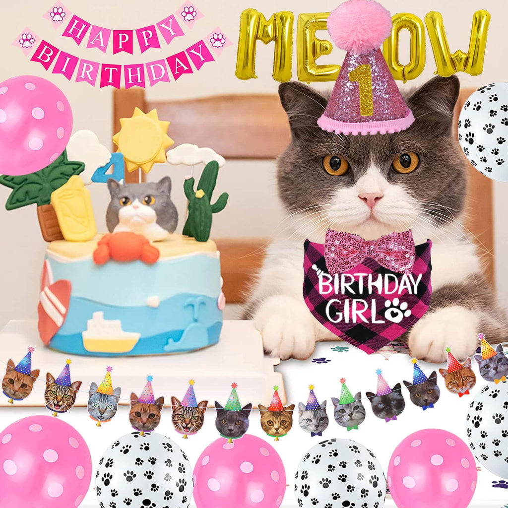STMK Cat Birthday Party Supplies, Cat Birthday Hat Bandana Bow Tie Collar Number Banner Garland Meow Letter Balloons for Cats Kitten Outfits Decorations (Pink)