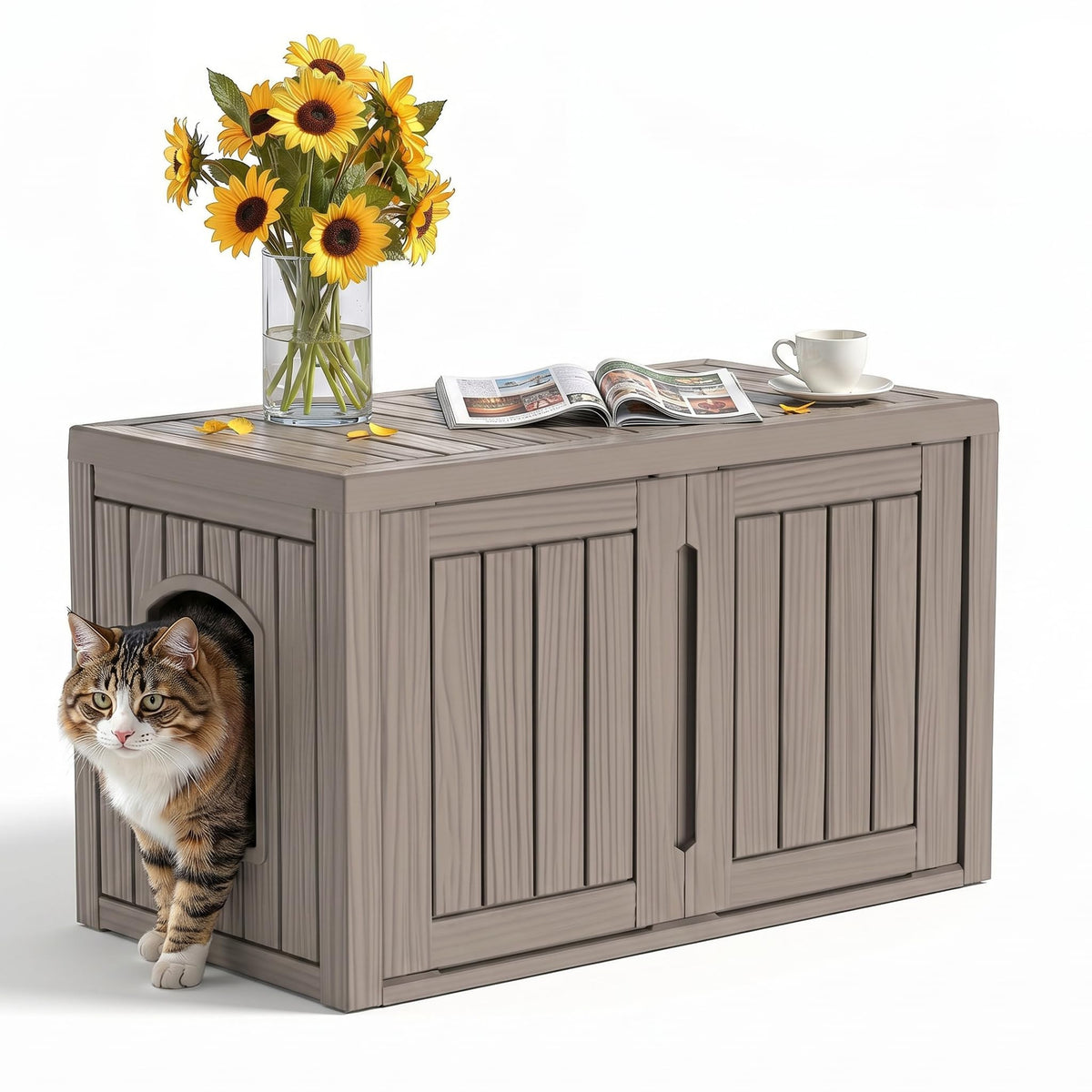 KFY Cat Litter Box Enclosure,Multi-Functional Hidden Litter Box Furniture Cabinet with Adjustable Partition & Side End Table, Indoor Outdoor Cat House with Double Doors,Easy to Clean & Assemble, Gray