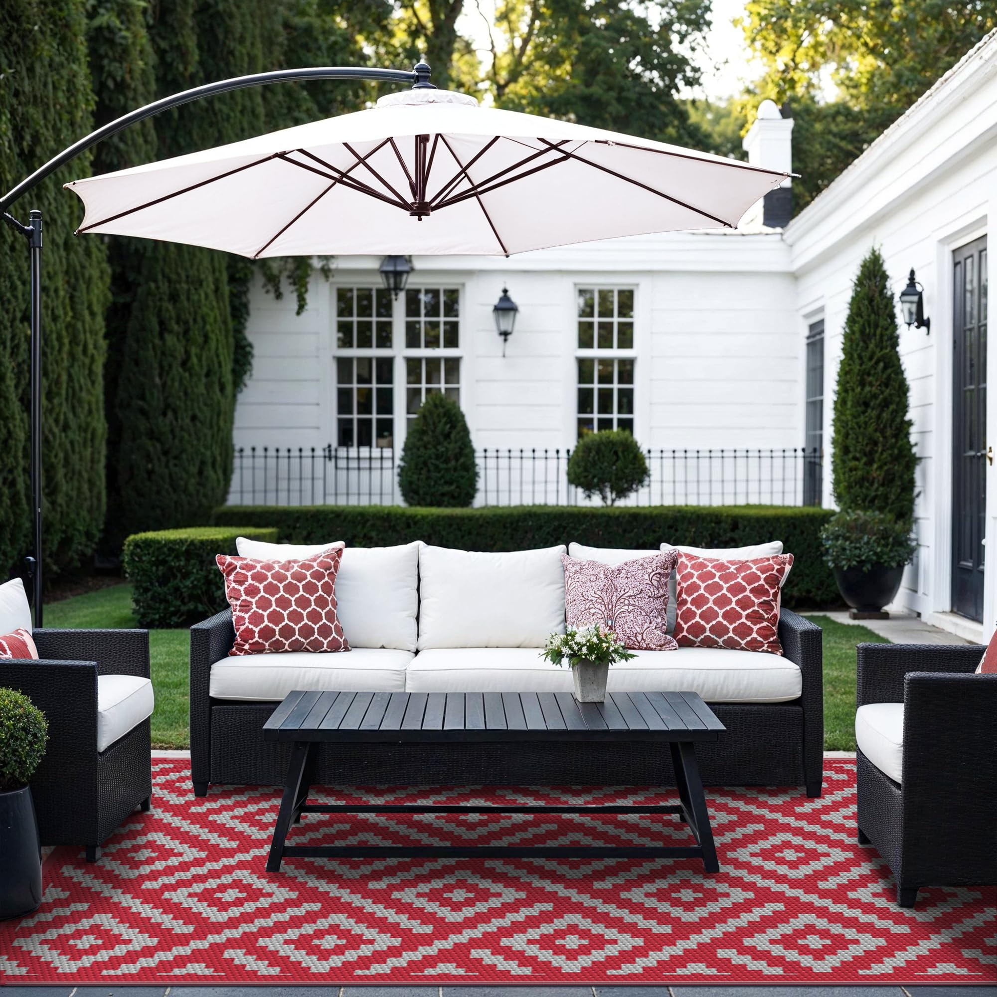 GENIMO Outdoor Rug, Waterproof Plastic Rugs for Patio, 9'x12' Red Grey