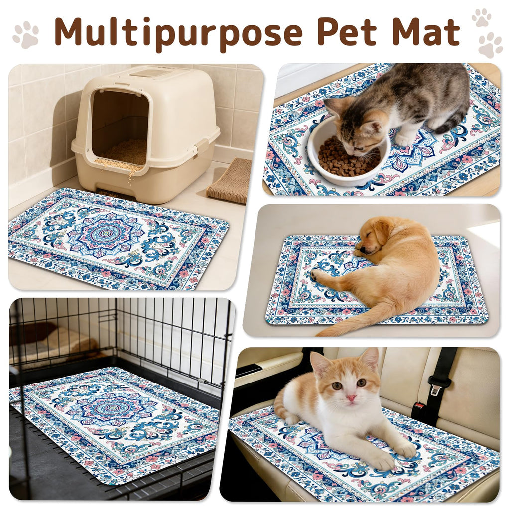 Dog Food Mat for Bowls, Absorbent Quick Dry Dog Cat Mats for Food and Water, Non-Slip Backing Pet Mat Pet Supplies - Blue Vintage Floral Pattern