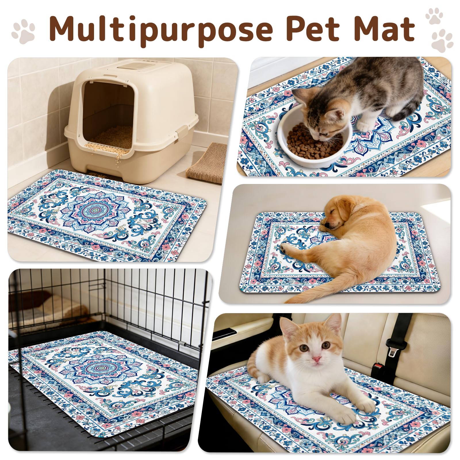 Dog Food Mat for Bowls, Absorbent Quick Dry Dog Cat Mats for Food and Water, Non-Slip Backing Pet Mat Pet Supplies - Blue Vintage Floral Pattern