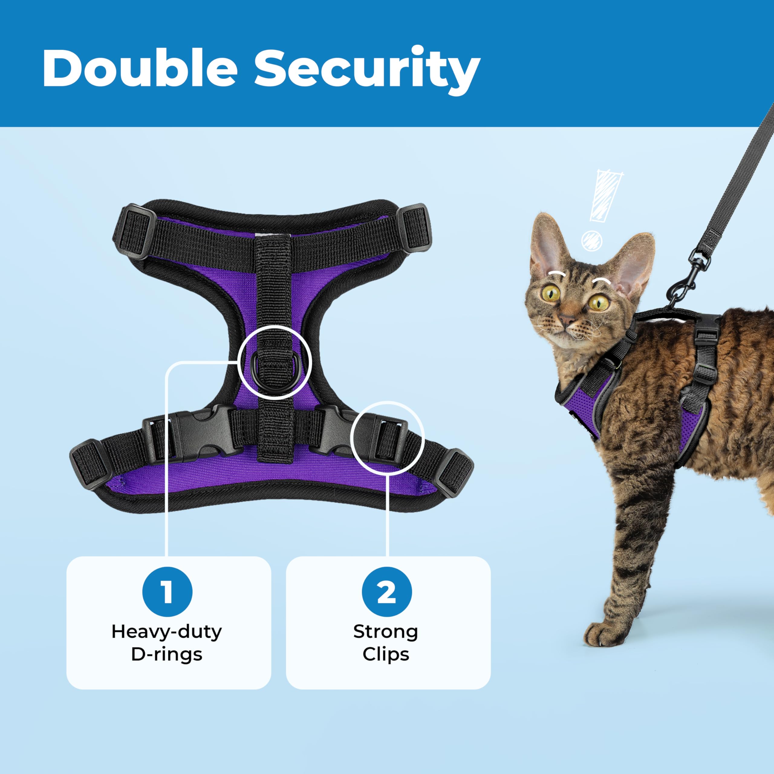 Voyager Escape-Proof Step-in Lock Cat Harness & 5ft Neoprene-Handle Leash Set All-Weather Mesh with Reflective Stitching for Small to Large Cats by Best Pet Supplies, Black Trim-Purple (327), XXXS