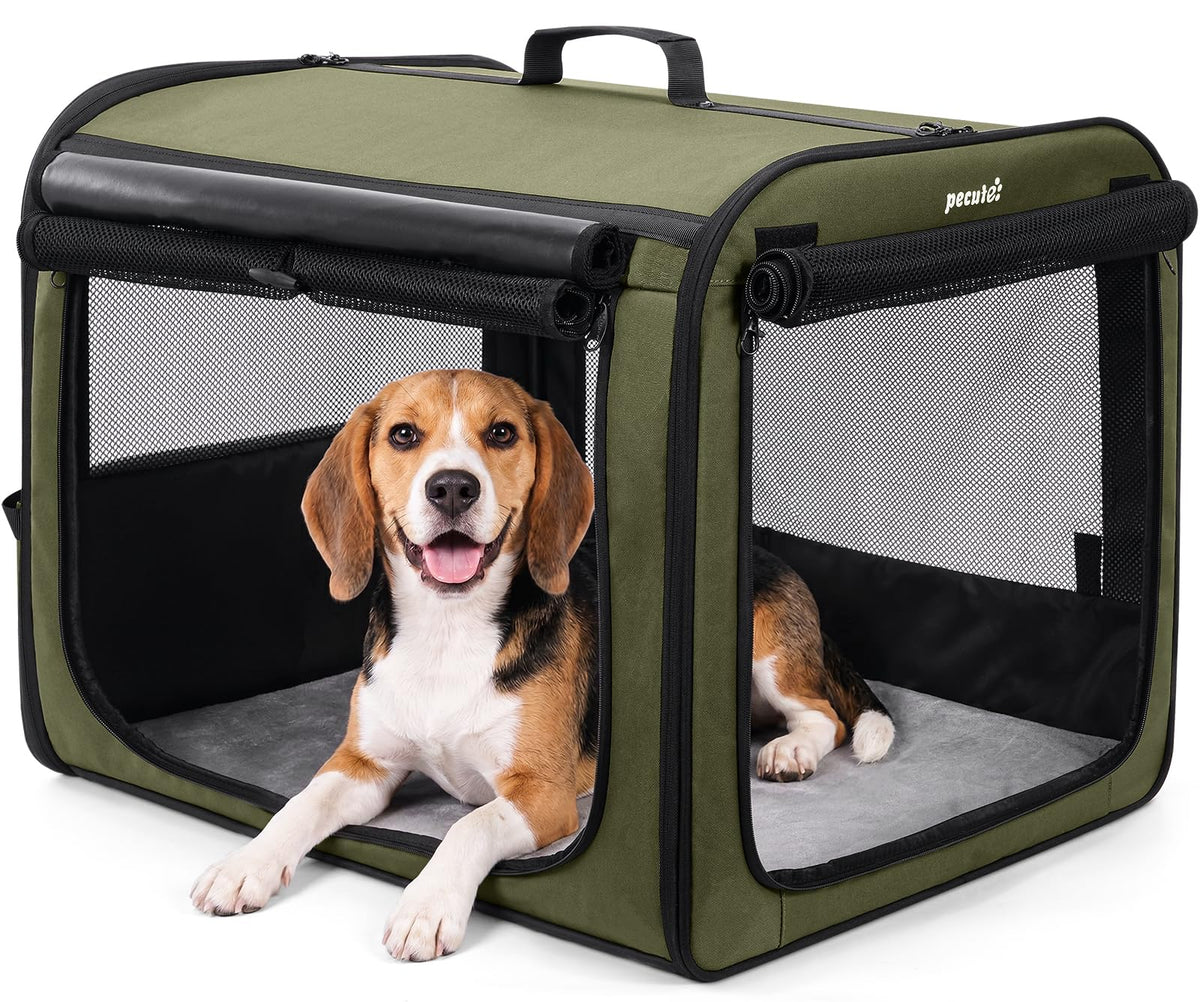 Dog Car Carrier Light Weight 24×17.7×20.5 in, Dog Carrier Easy to Assemble, Dog Car Crate Portable and Breathable, Foldable Pet Carrier for Indoor and Outdoor Use, Dogs Travel Crate with Curtain Brown