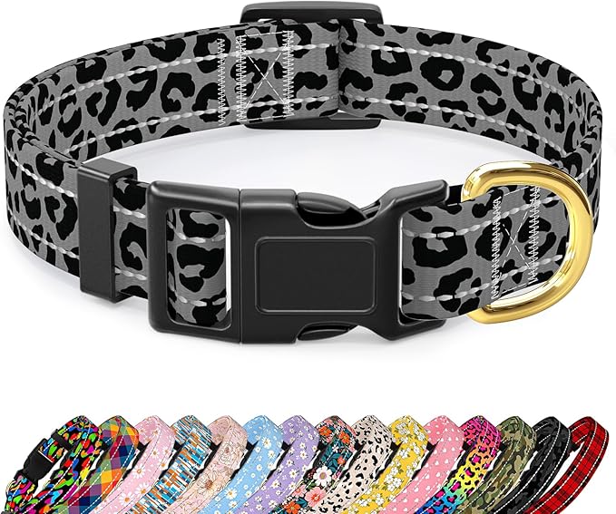 TMOODEL Reflective Dog Collar for Large Dogs, Cute Leopard Style Adjustable Heavy-Duty Nylon Puppy Collar for Boy and Girl Female, Soft Pet Accessories with Quick Release Buckle, Gray
