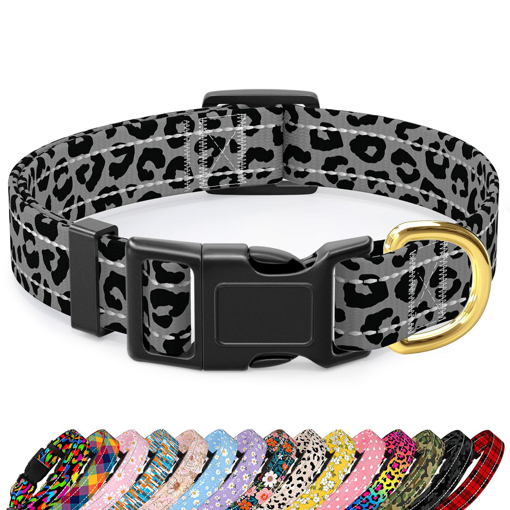 TMOODEL Reflective Dog Collar for Extra Small Dogs Cats, Cute Leopard Style Adjustable Heavy-Duty Nylon Puppy Collar for Boy and Girl Female, Soft Pet Accessories with Quick Release Buckle, Gray