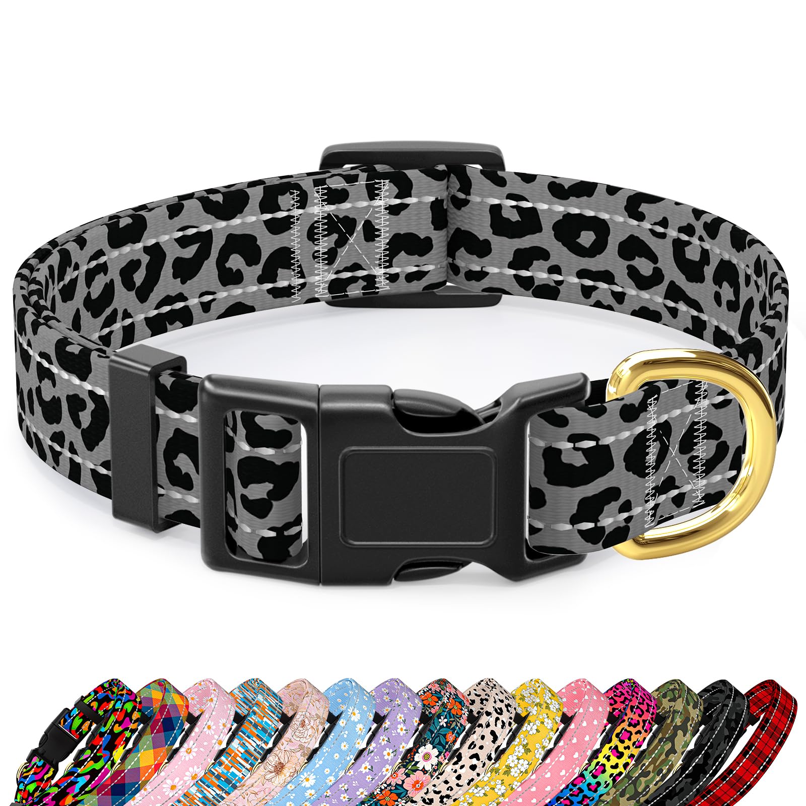 TMOODEL Reflective Dog Collar for Extra Small Dogs Cats, Cute Leopard Style Adjustable Heavy-Duty Nylon Puppy Collar for Boy and Girl Female, Soft Pet Accessories with Quick Release Buckle, Gray