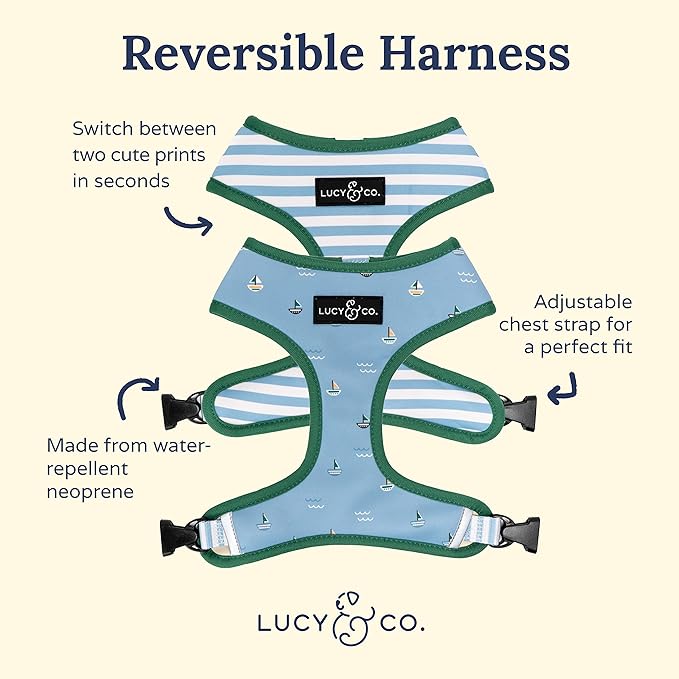 Lucy & Co. Reversible Dog Harness - Water-Repellent Neoprene, Dual-Print Design, Easy Swap Style, Adjustable Comfort Fit - Set Sail Reversible Harness - X-Large