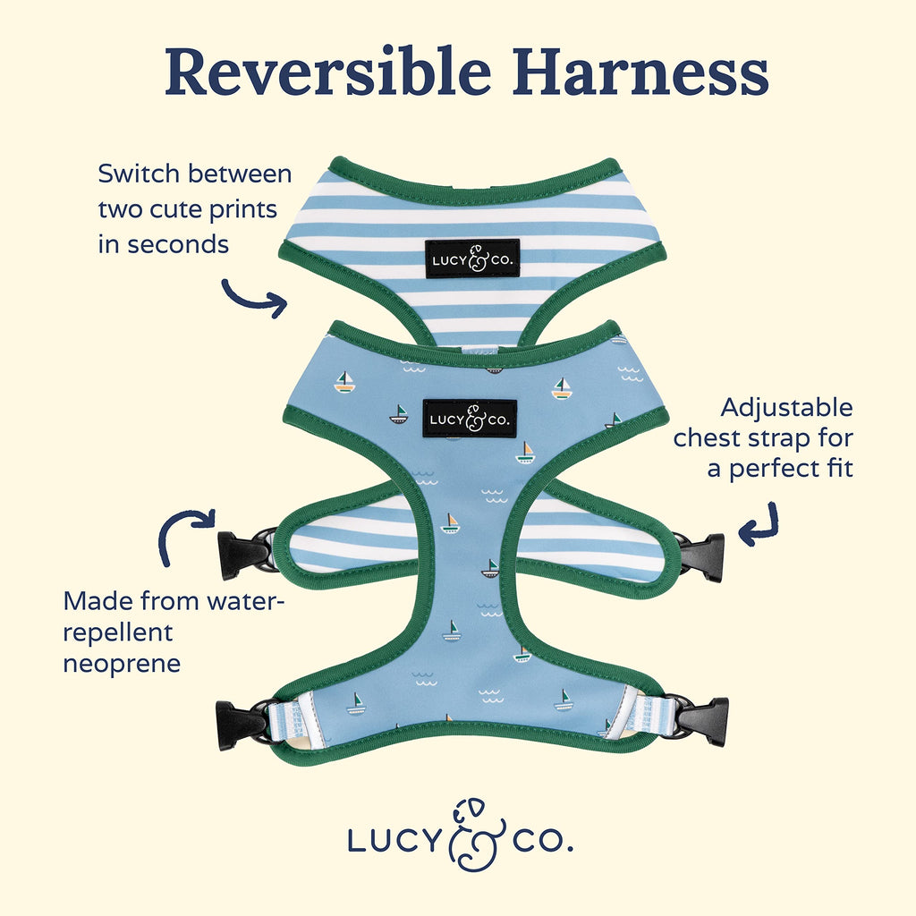 Lucy & Co. Reversible Dog Harness - Water-Repellent Neoprene, Dual-Print Design, Easy Swap Style, Adjustable Comfort Fit - Set Sail Reversible Harness - Small