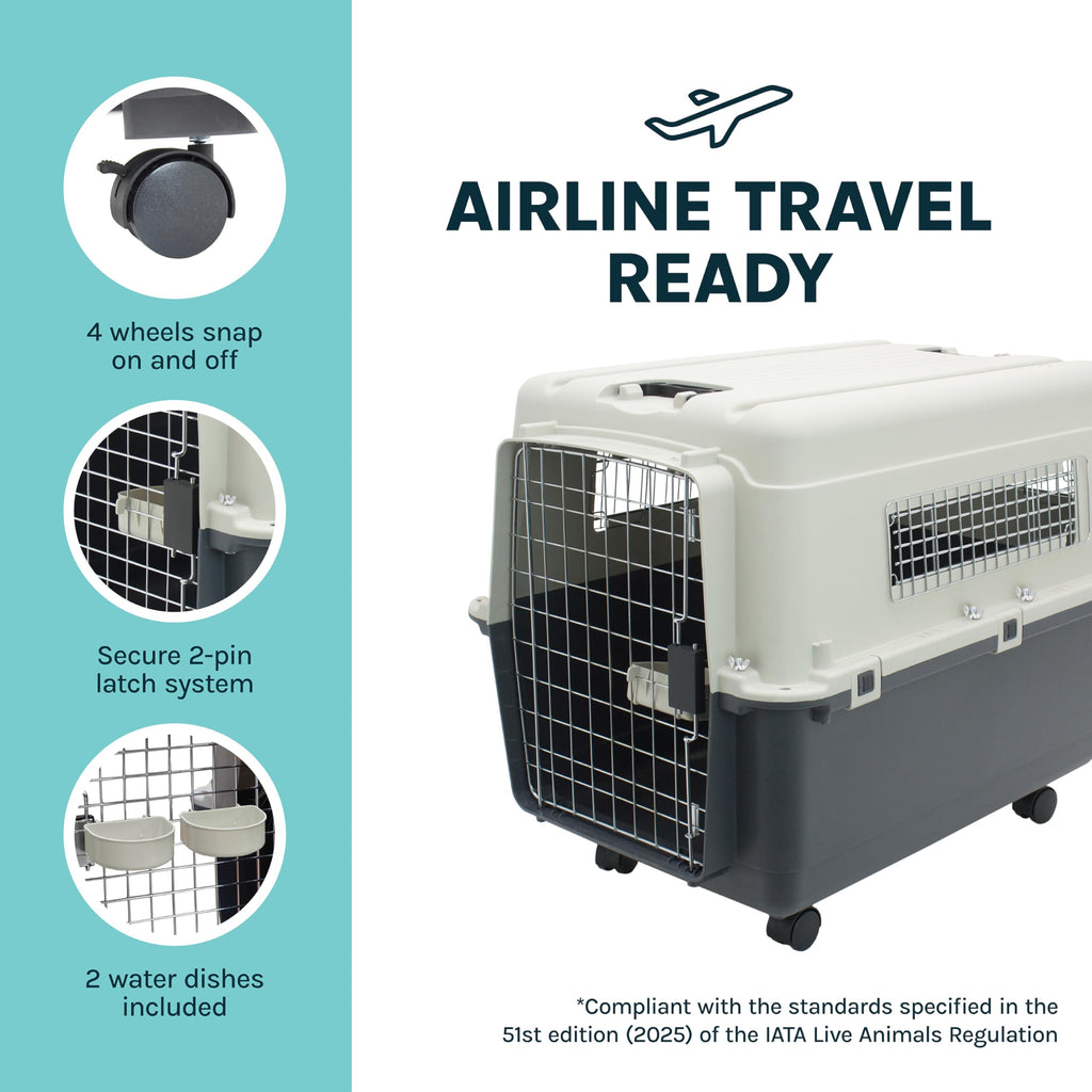 SportPet Airline Compliant LARGE 31.5" Travel Dog Kennel-Durable Plastic Airline Pet Carrier w/ Removable Wheels & Food Bowls, Collapsible Indoor/Outdoor Dog Kennel, Dogs up to 28"L & 20"H-Cream/Gray