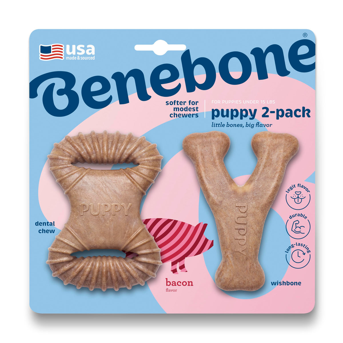 Benebone Puppy 2-Pack Dental Chew/Wishbone Dog Chew Toys, Real Bacon, Small