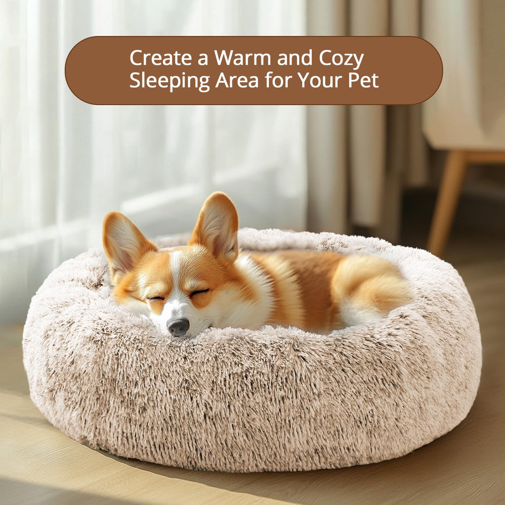 JOLLYVOGUE Calming Dog Bed for Small Dogs - 23 inches Donut Washable Small Dog Bed for Kittens & Puppies, Anti-Slip Round Fluffy Plush Faux Fur Cat Beds (Fits up to 25 lbs Pets, Cream Brown)