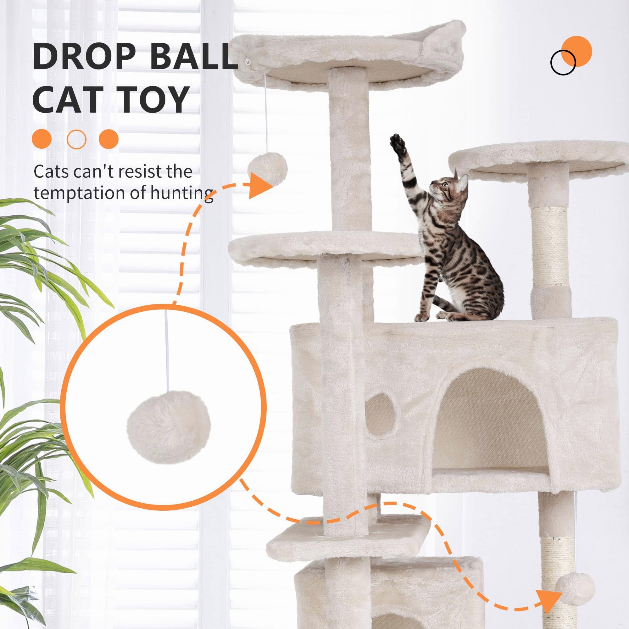 GINMAON Cat Tree for Indoor Cats, Multi-Level Cat Tower with Scratching Posts & Cozy Condo, Space Saving Cat Activity Center, Durable Pet Play House (54in,Beige)