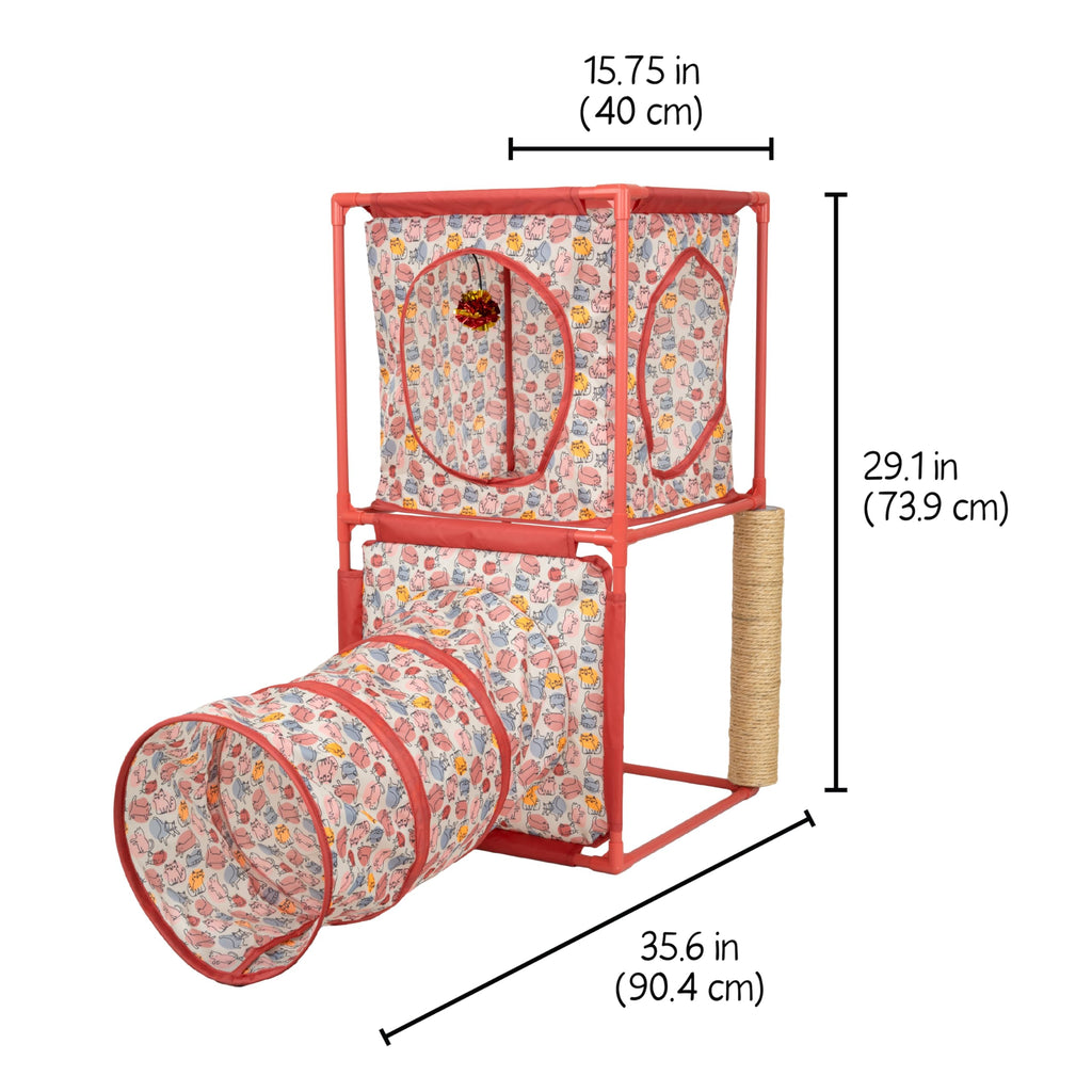 Kitty City Cozy Cube Retreat Cat Tower with Tunnel, Scratching Post & Hanging Toy, Dual-Level Indoor Cat Play Furniture for Climbing, Hiding & Lounging, Red