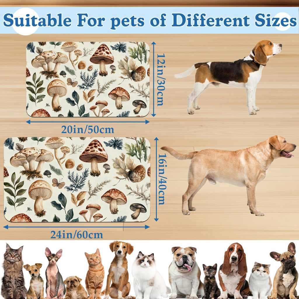 Vintage Mushroom Floral Dog Cat Food Mat–Absorbent Waterproof Placemat for Food and Water Bowls, Non Slip Rubber Backing, Feeding Mat for Clean Floors 12"x20"