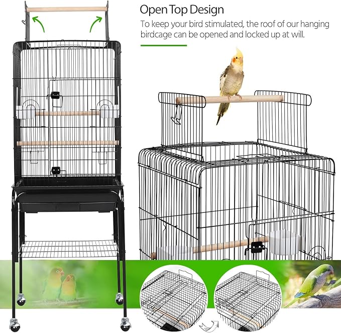 Yaheetech 53.5" Open Top Parrot Bird Cage with Detachable Rolling Stand, Roof Play Flight Cage for Cockatiels, Sun Conures, Green Cheek Conures & Small to Medium Parrots