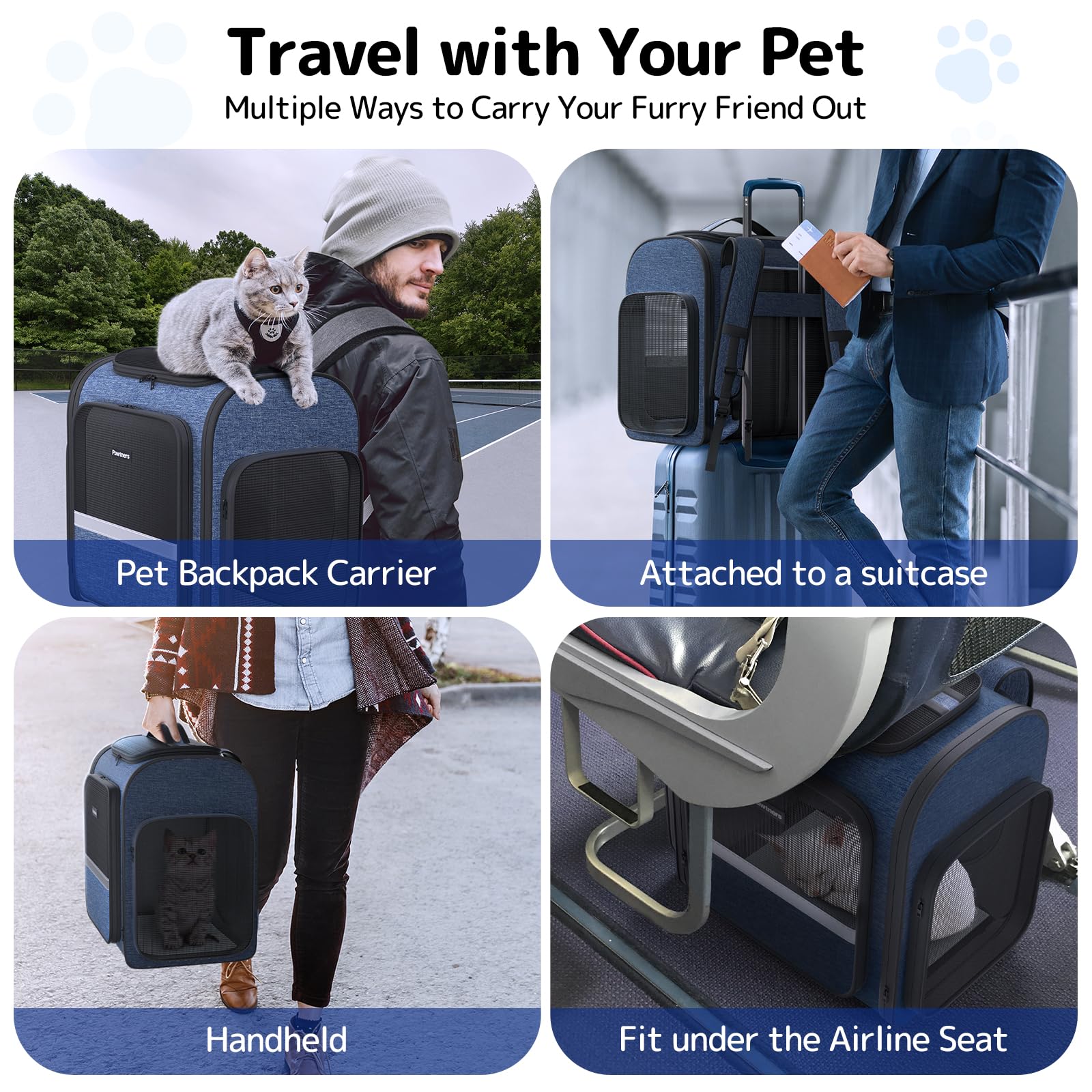 Pawtners Cat Backpack with Play Tunnel, Design for Carrying Playing Blue