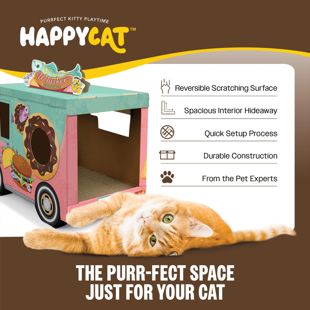 HappyCat Whisker’s Wagon Cat Scratcher House - Vintage Cardboard Cat Playhouse with Scratch Panels & Spacious Hideaway. Cute Pet Toys - Durable Activity Center for Indoor Cats