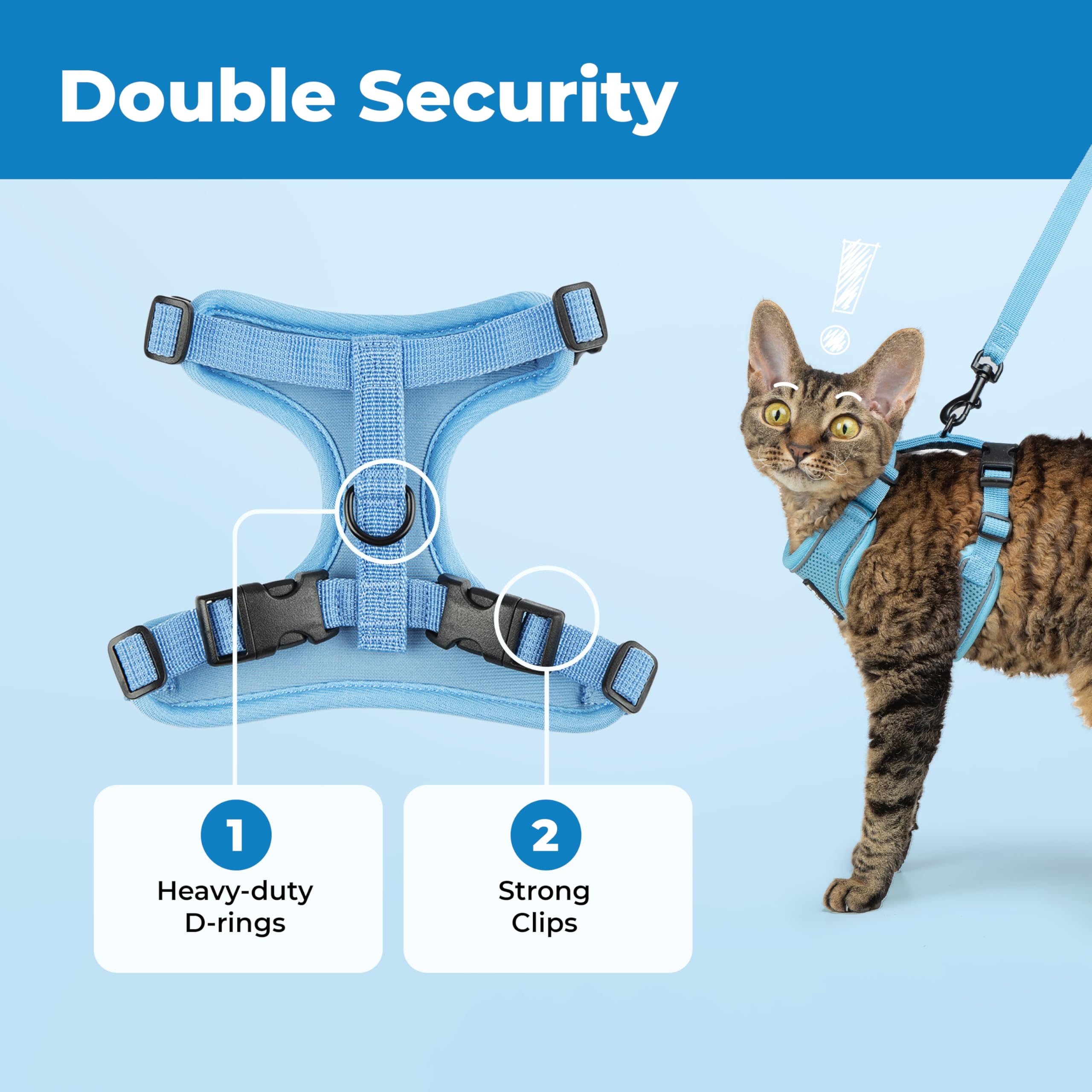 Voyager Escape-Proof Step-in Lock Cat Harness & 5ft Neoprene-Handle Leash Set All-Weather Mesh with Reflective Stitching for Small to Large Cats by Best Pet Supplies, Baby Blue (327), XXS