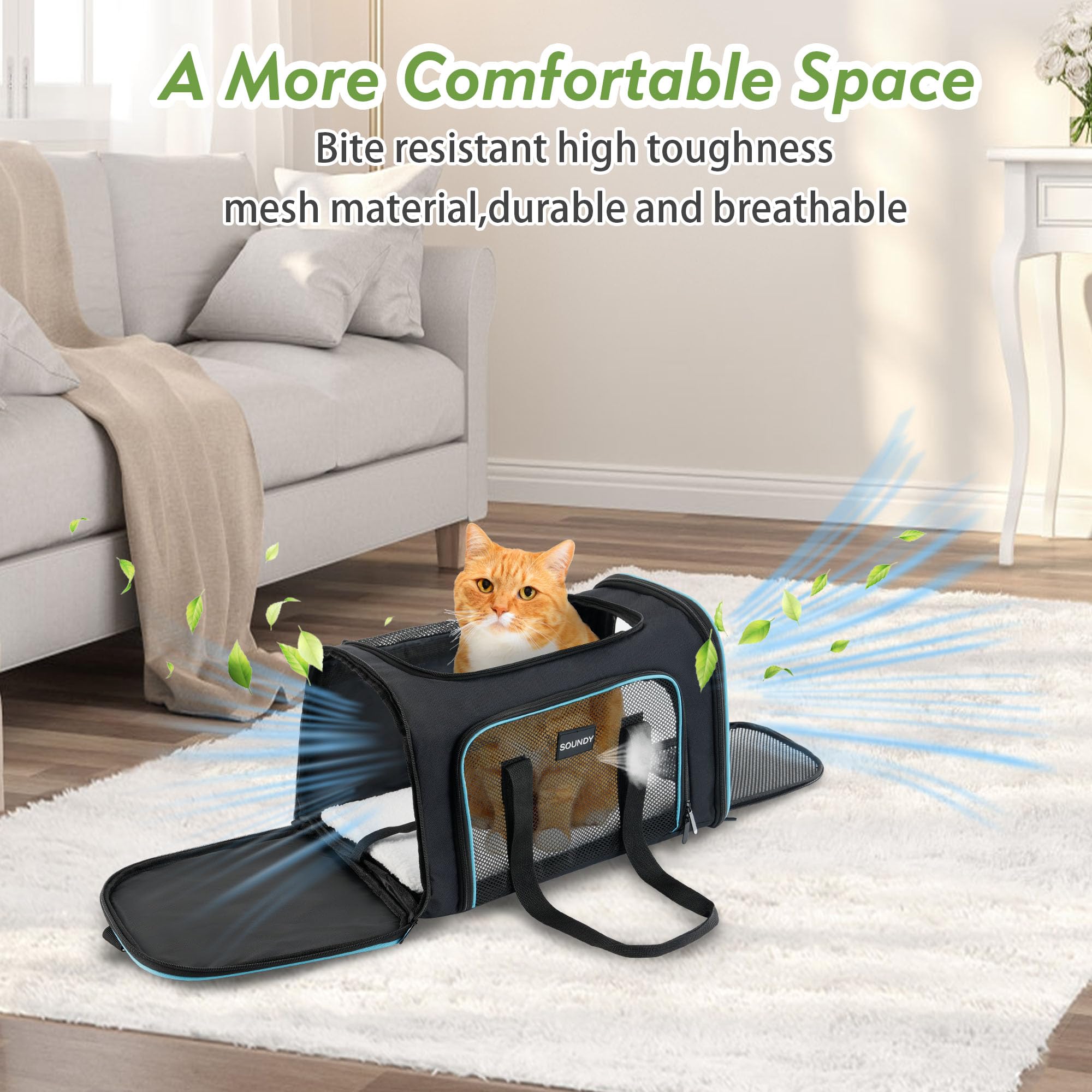 Soundy Large Cat Carrier Dog Carrier Under 25 Lbs,Collapsible Ventilated Portable Pet Bag with Soft Sided Breathable Mesh for Long Car Trips Maxi Load 2 Kittens or Small, Medium Dog (Large Black)