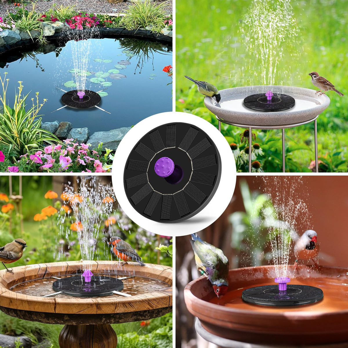 Solar Bird Bath Fountain Pump, Solar Powered Water Pump, Outdoor Water Fountain with 8-in-1 Nozzles, 4 Fixed Pipes for Hummingbirds, Garden, Pool, Pond