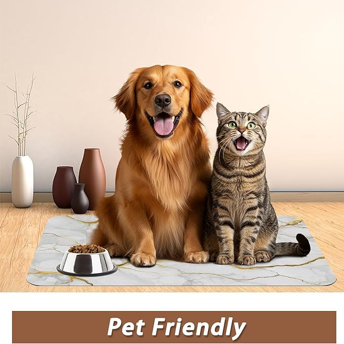 Marble Dog Food Mat for Floors,White Gold Marble Absorbent Quick-Dry Pet Feeding Mat,Cat Dog Bowl Mats for Food and Water,Non-Slip Pet Accessories Supplies 16"x24"