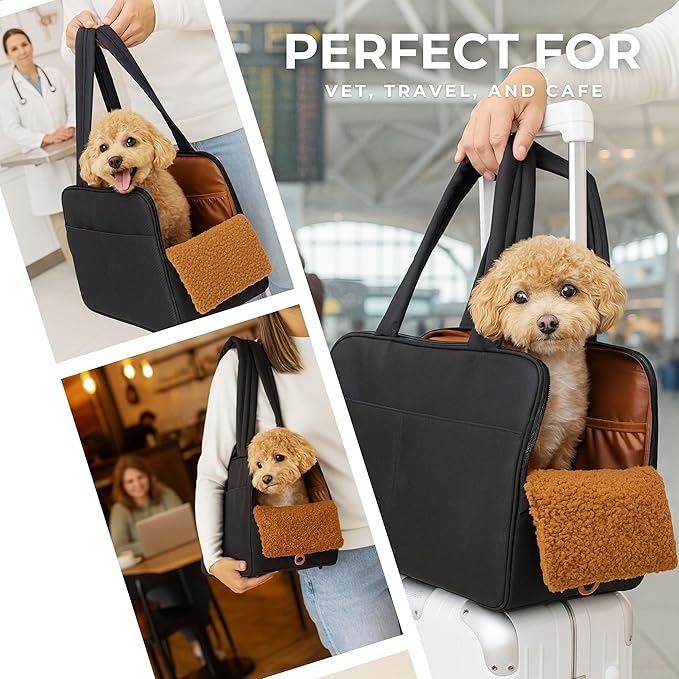 Black Dog Purse Carrier for Small Dogs – Cotton Padded Interior, Multiple Pockets, Breathable Mesh & Comfortable Strap, Durable Polyester Travel Bag, Lightweight Cat Carrier, Versatile Small Pet Bag