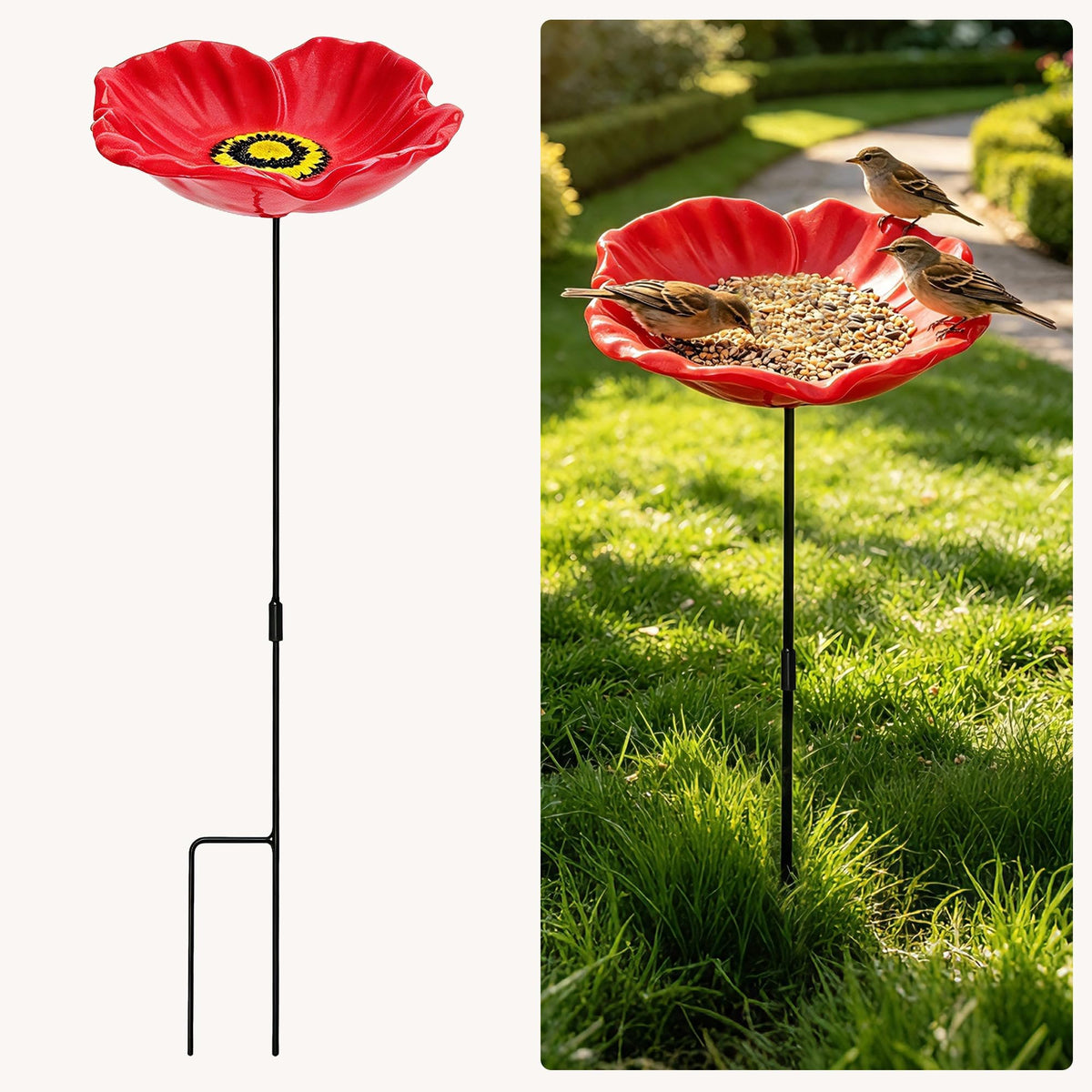 MIXXIDEA Redflower Bird Bath&Birdfeeder for Small Birds Outdoors Mtal Flower Bird Bath Bowl Stick into Ground Cute Tray Feeders for Outdoor Garden Decoration for Bird Lovers