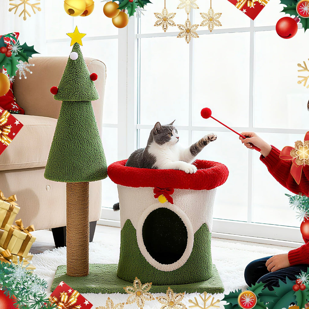 COSIEST 30in Christmas Cat Tree for Kittens, Kitty Condo with Top Perch, Small Cat Tree House with Sisal Scratching Posts, Cat Safe Christmas Tree Tower for Indoor Cats, Activity Center, Red & Green