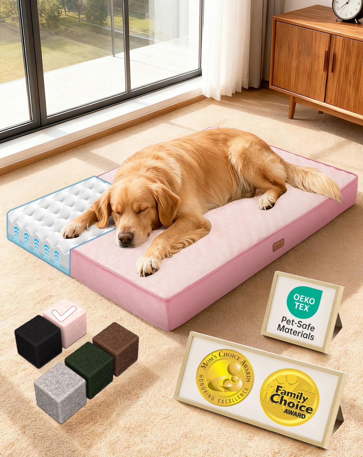 OhGeni Orthopedic Waterproof Large Dog Bed, Memory Foam, 41 inch(Pink)