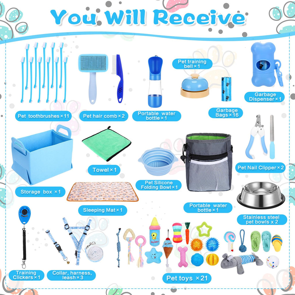 PullCrease 65 Pcs Puppy Supplies Starter Kit Small Dog Essentials Includes Dog Leash, Toys, Bowl, Brushes, Water Bottles, pet Blankets Puppy Accessories for New Welcome Gift Supplies(Cool,Blue)