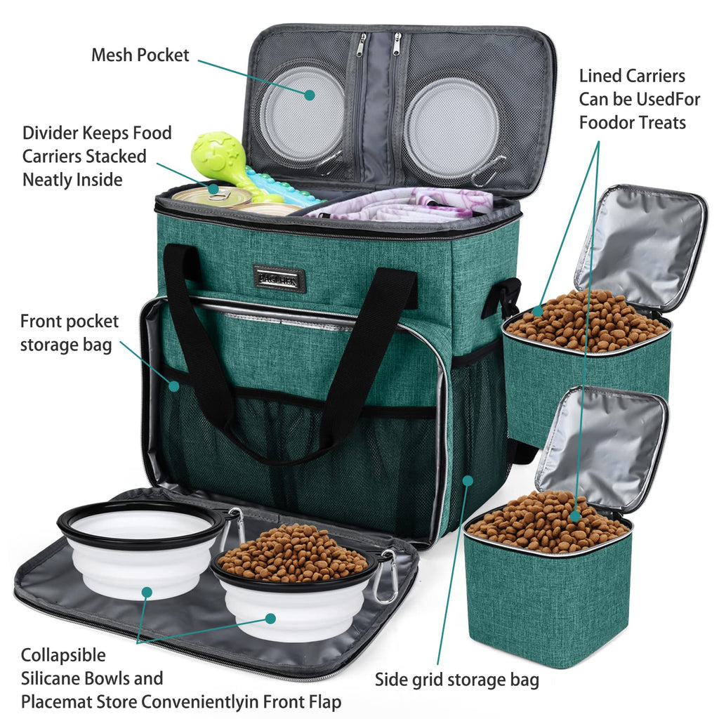 BAGLHER Pet Travel Set Airline-Approved Carrier for Small/Medium Cats & Dogs + Travel Bag with Food Containers & Silicone Bowls, Grey & Green