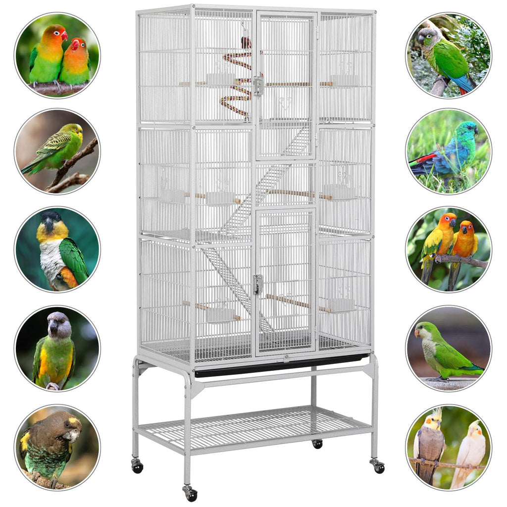Yaheetech 69'' Extra Large Bird Cage Metal Parrot Cage w/Detachable Stand for Mid-Sized Parrots Cockatiels Conures Parakeets Lovebirds Budgie Finch, White
