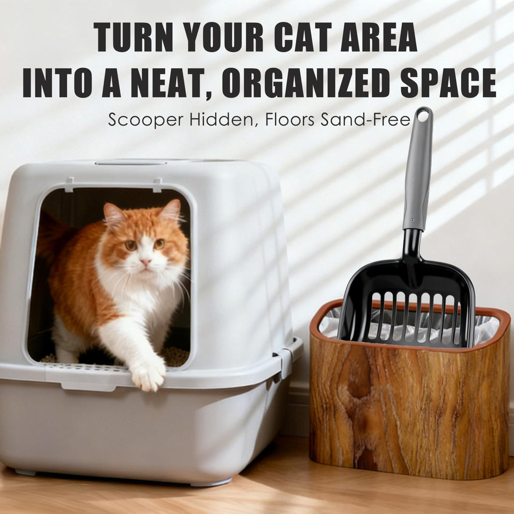 Ayipaqen Cat Litter Scoop Holder – Wood-Grain Dual-Open Scoop Caddy with Bag-Lock Hole, Wide-Mouth Double-Layer Inner Bucket, Mini Desktop Trash Bin for Pet Scoops & Accessories