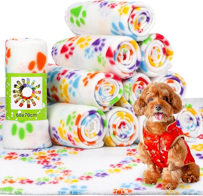 Tatuo 12 Pcs Puppy Blanket for Little Dog Bulk 27 x 23 Inch Fleece Paw Pattern Pet Blanket Summer Washable Soft Throw for Dog Puppy Cat Kitten