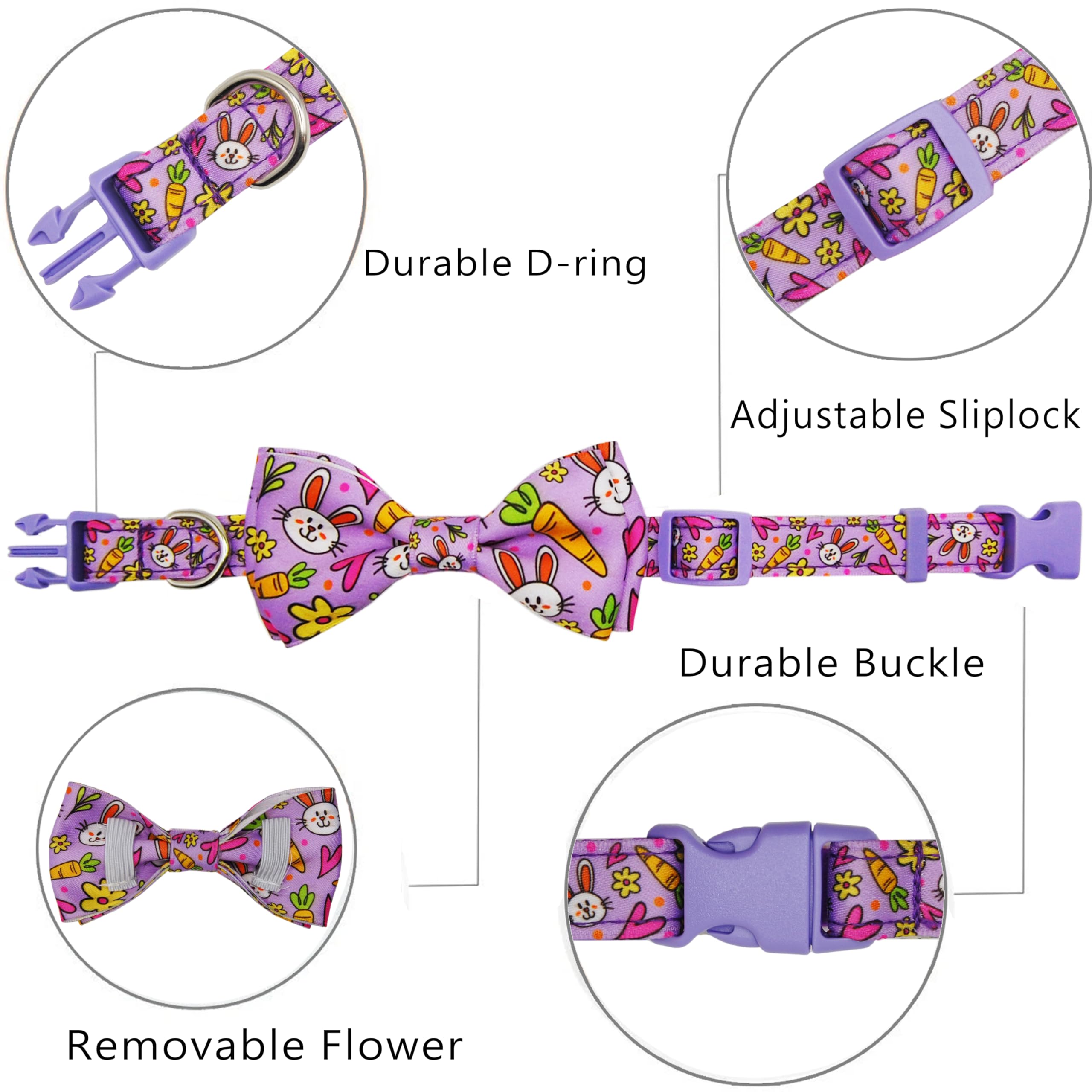 Easter Dog Collar with Bow Tie Set, Adjustable Purple Bunny and Carrot Pattern Pet Collar, Cute Spring Flower Holiday Neckwear for Small, Medium, and Large Dogs