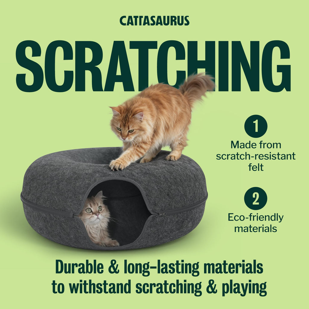 Cattasaurus Peekaboo Cat Cave Donut for Multiple & Large Cats up to 30-45 lbs, 3-in-1 Self Warming Cat Bed, Tunnel & Scratcher for Indoor Cats, Washable & Detachable Small Dog Bed (Dark Gray, Jumbo)