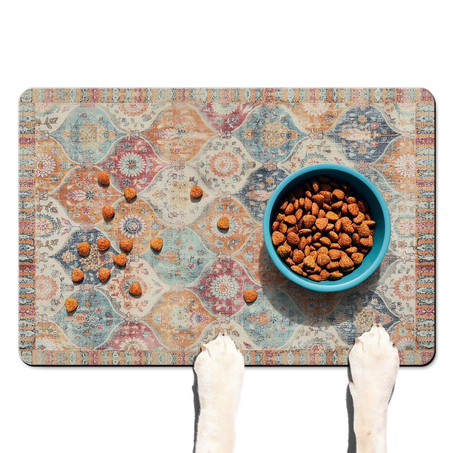 Moroccan Trellis Dog Food & Water Mat, Mexican Talavera Boho Colorful Pet Feeding Mat for Floor Non-Slip Waterproof, Super Absorbent Cat Bowl Mat, Easy to Clean Durable Pet Placemat,16" × 24"
