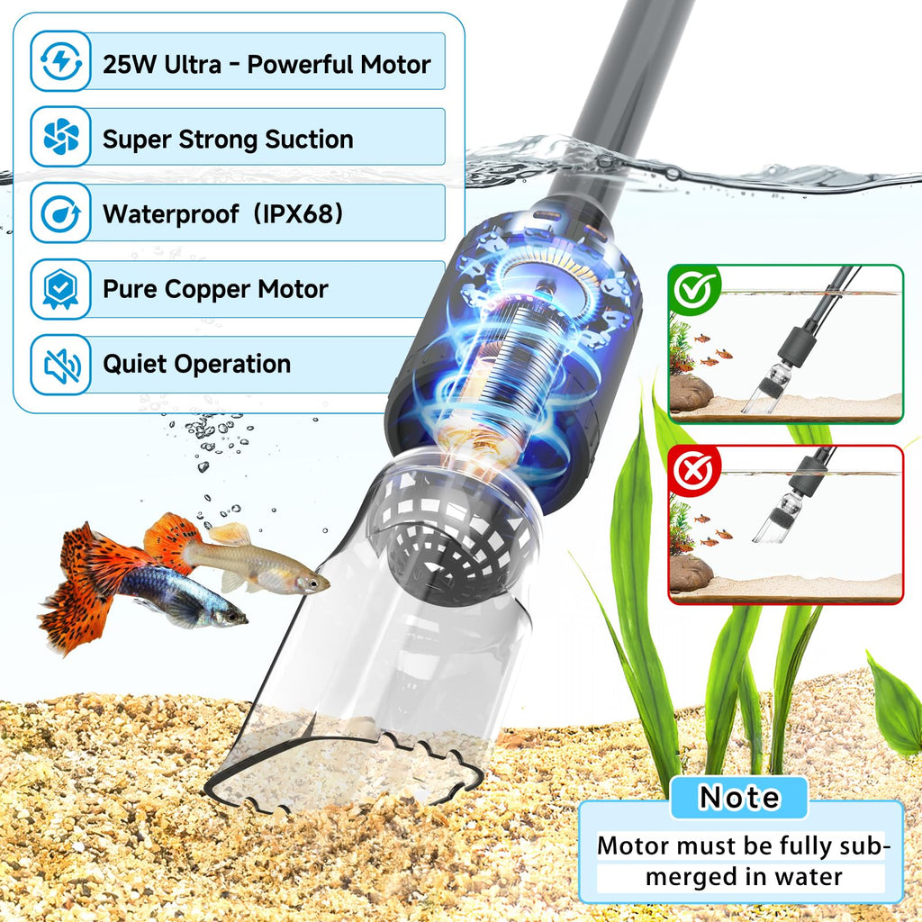 fishkeeper Aquarium Vacuum Gravel Cleaner, 25W 6 in 1 Multifunction Fish Tank Cleaner Kit for Automatic Water Change, Wash Sand, Water Circulation Infinitely Adjustable Flow Fish Tank Cleaner Vacuum