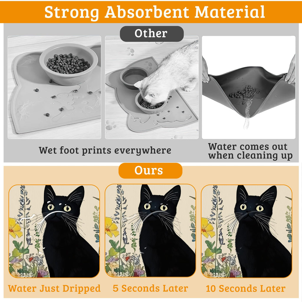 Dog Bowl Mat,Cat Black Pet Feeding Mat for Floors Waterproof,Color Flowers Absorbent Dogs Placemat for Food and Water Quick Dry Pet Cat Feeding Mats with Non Slip Bottom 12" x 20"