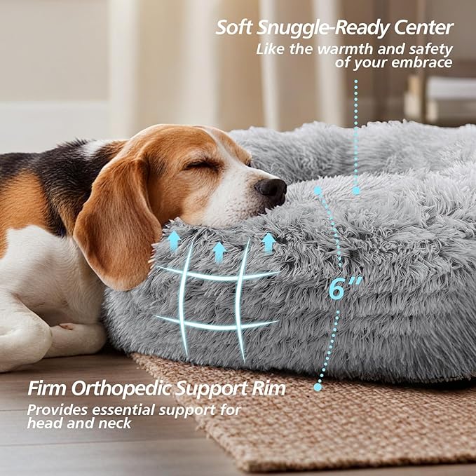 JOLLYVOGUE Small Dog Bed, Calming Dog Beds for Small Dogs & Indoor Cats - 20 Inches Donut Washable Cat Bed for Kittens & Puppies, Round Fluffy Plush Faux Fur Pet Beds(Smoke Grey)